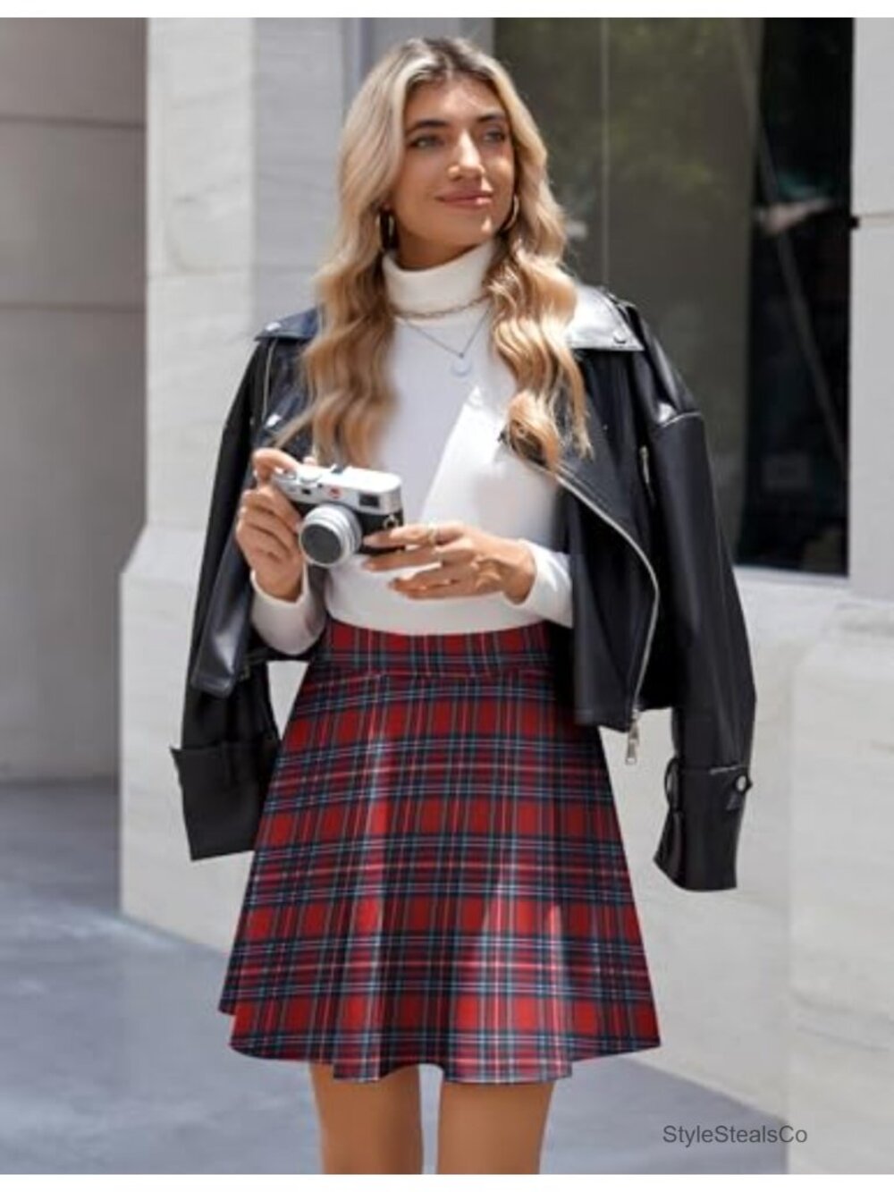 Women's Plaid Mini Skater Skirt High Waist A-Line Stretchable - Picture 3 of 6